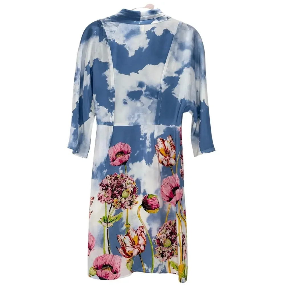 Anthropologie E by Eloise Silk Wrap Dress S Blue Sky Floral Kimono Pockets EUC
